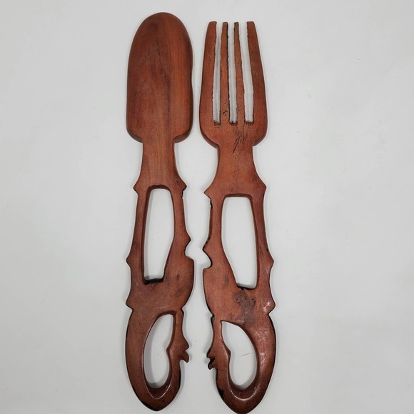 Wooden Giraffe Jungle Handle Salad Utensils Serving Set - Picture 3 of 6